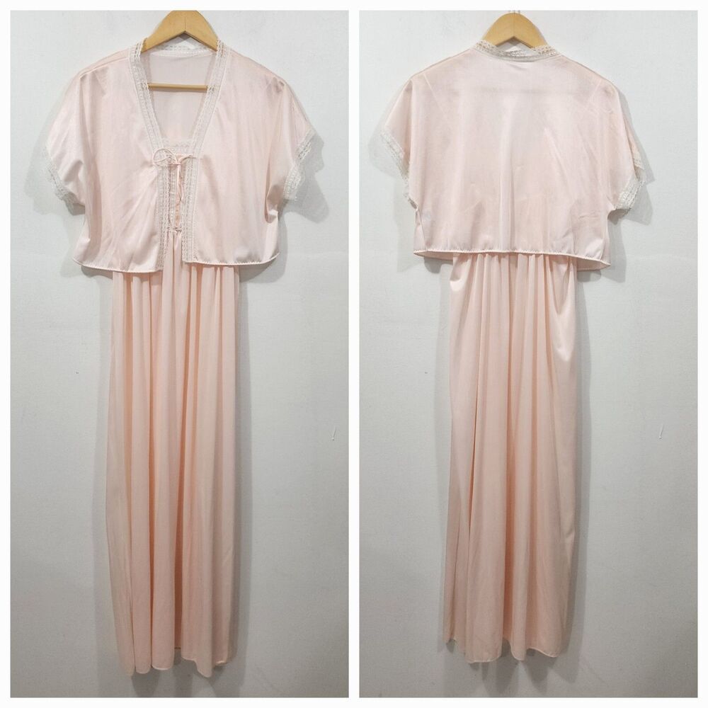 Vintage 70s Sears Shrug & Nightgown Set Pink Nylon Lace Sheer Chiffon Women's M